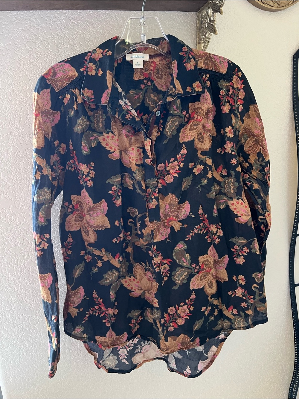 Sundance Black Floral Button-Up Blouse with Pink and Tan Blooms 100% Cotton